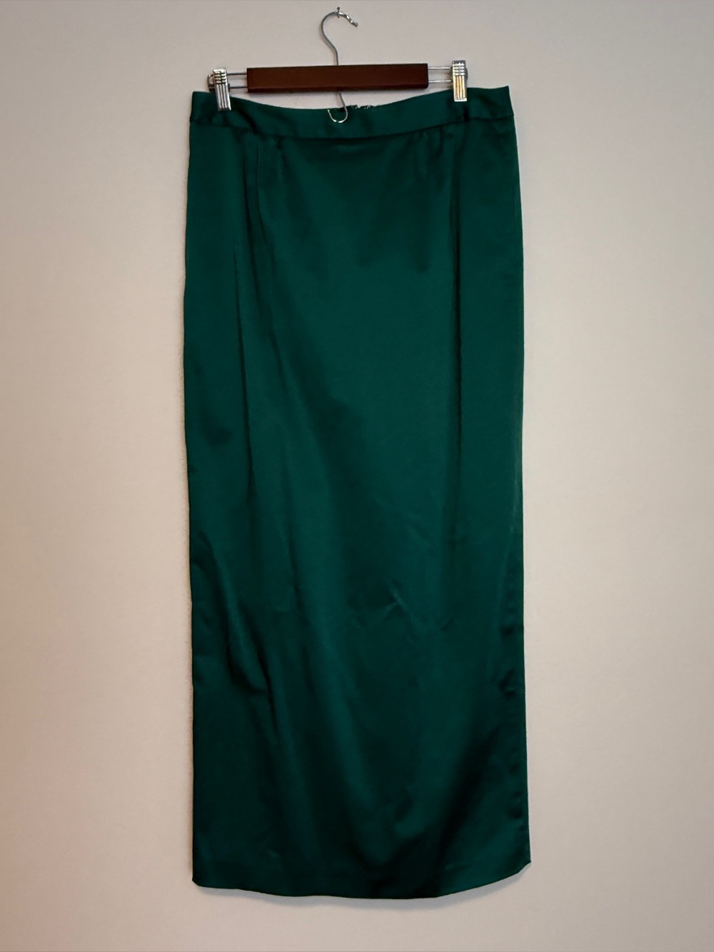 Emerald Green Satin Pencil Straight Skirt 10 Midi Long Split Back Lined Holiday